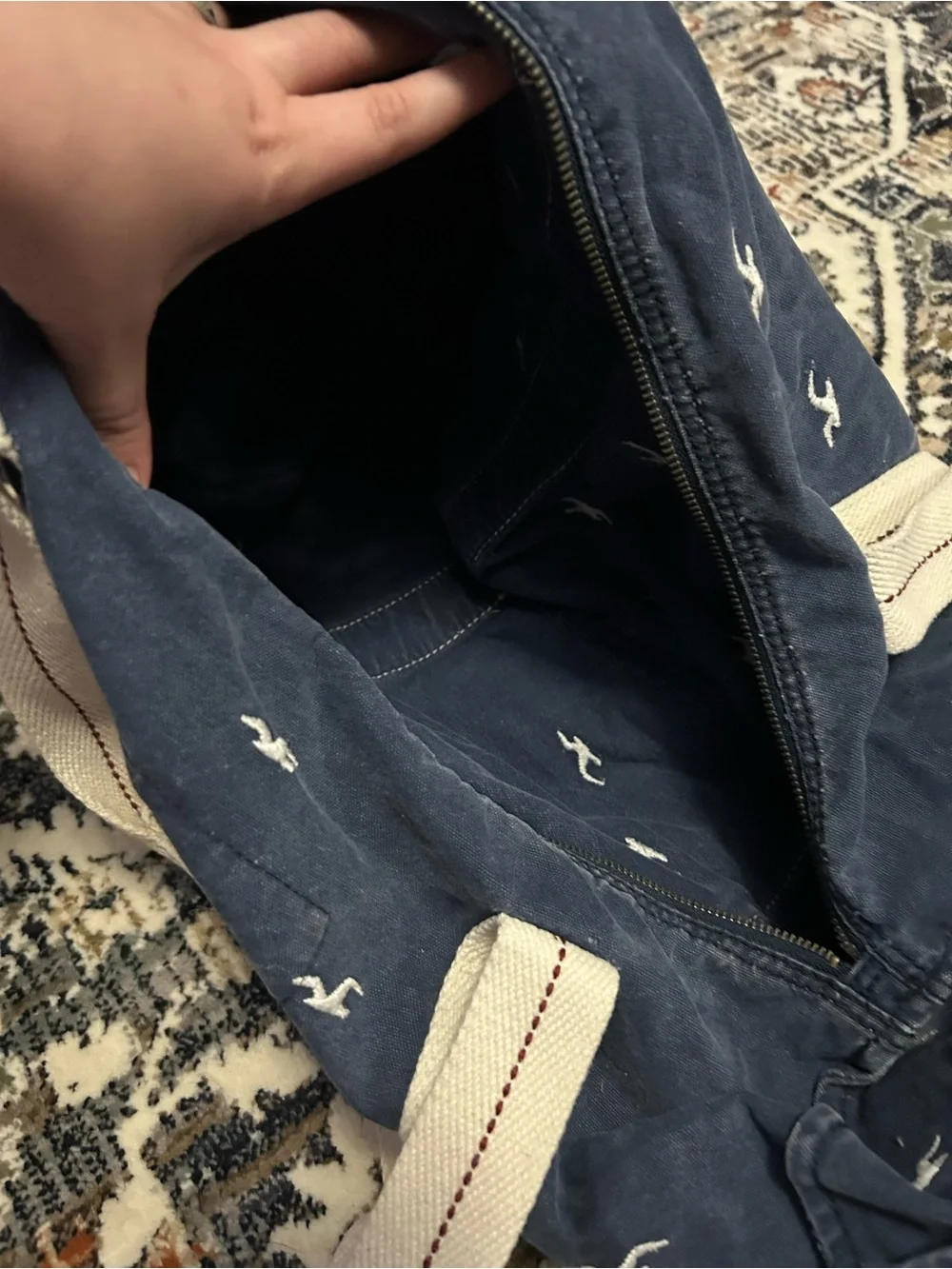 Hollister Navy Canvas Tote with White Strap Detailing
